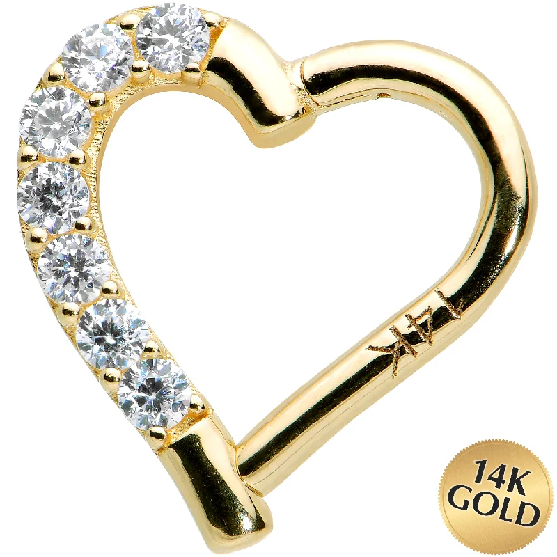 Women's Earrings – Elegant Designs for Every Personality--16 Gauge 5/16 14k Yellow Gold CZ Paved Ultra Luxe Right Hinged Heart Segment Ring
