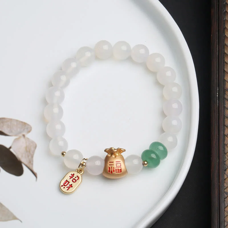 Gold Wedding Bangles for Women-Buddha Stones Natural White Agate Red Agate Money Bag Fu Character Four Leaf Clover Protection Bracelet Gold Wedding Bangles for Women-Buddha Stones Natural White Agate Red Agate Money Bag Fu Character Four Leaf Clover Protection Bracelet