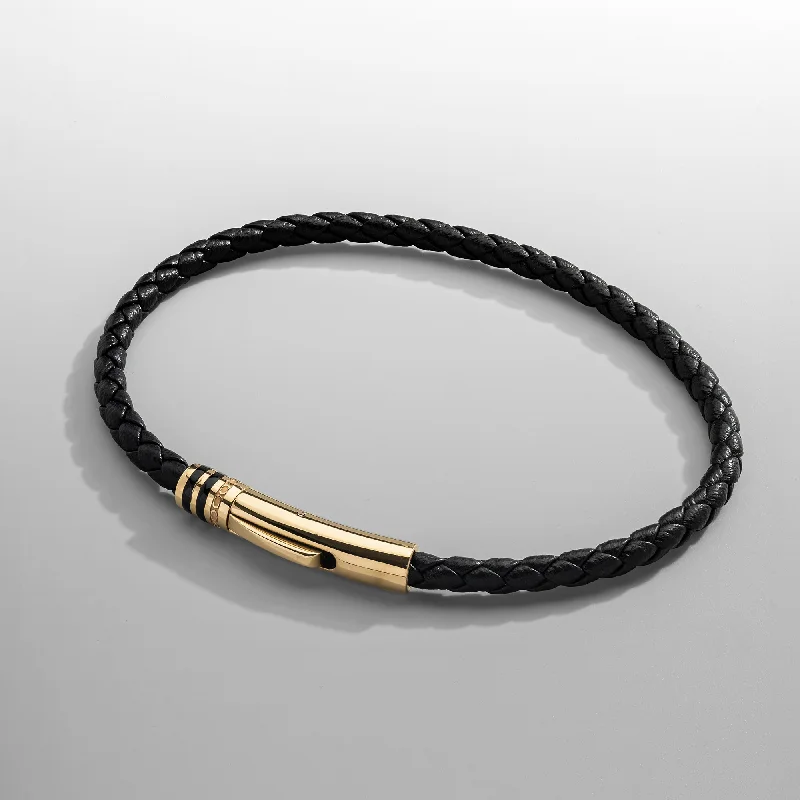 Simple Bracelets for Men-Black Leather Bracelet (Gold)