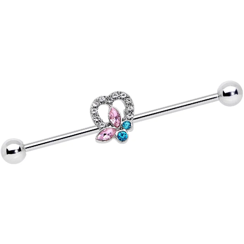 Women's Earrings – Elegant Designs for Every Personality--14 Gauge Pink Blue Butterfly Heart Industrial Barbell 38mm