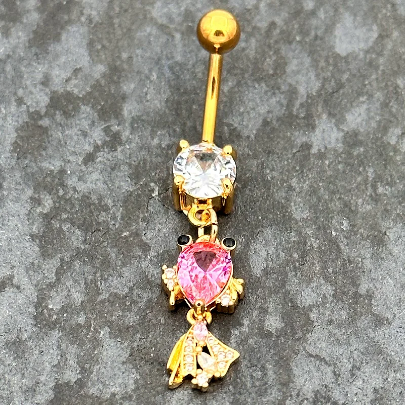 Comfortable Belly Rings for Daily Fashion -Clear Pink CZ Gem Gold Tone Fanciful Fish Dangle Belly Ring Comfortable Belly Rings for Daily Fashion -Clear Pink CZ Gem Gold Tone Fanciful Fish Dangle Belly Ring