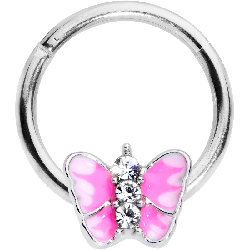 Gold-Plated Nose Rings -16 Gauge 3/8 Clear Gem Pink Butterfly Septum Ring