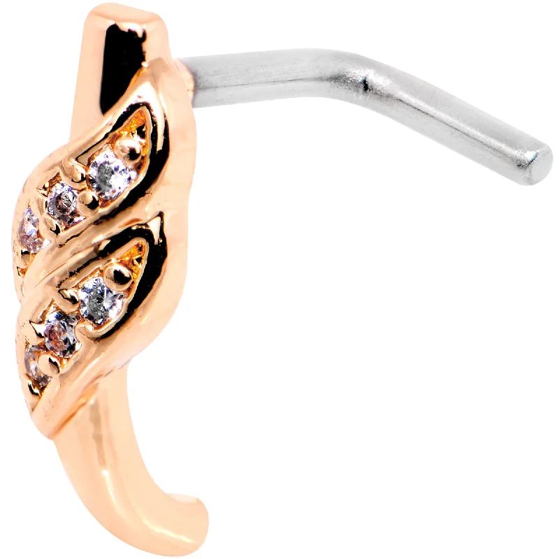 Comfortable Silver Nose Rings -18 Gauge Clear CZ Rose Gold Tone Swish Faux Hoop L Shaped Nose Ring Comfortable Silver Nose Rings -18 Gauge Clear CZ Rose Gold Tone Swish Faux Hoop L Shaped Nose Ring