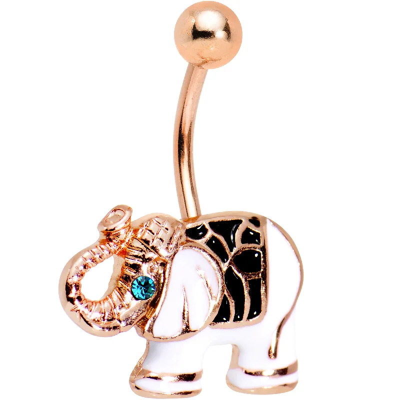 Comfortable Belly Rings for Sensitive Skin -Aqua CZ Gem Rose Gold PVD Edgy Elephant Belly Ring Comfortable Belly Rings for Sensitive Skin -Aqua CZ Gem Rose Gold PVD Edgy Elephant Belly Ring