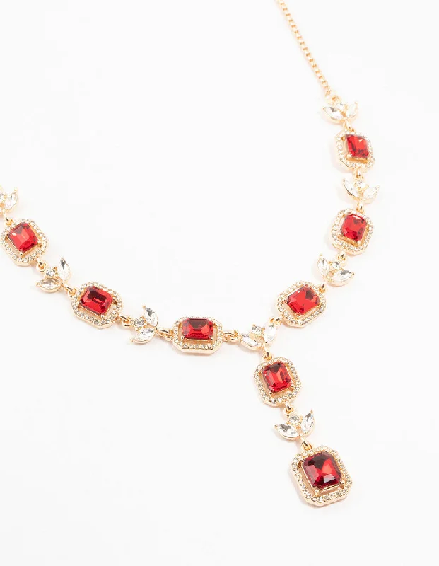 Shop Classic Women's  Necklaces & Pendants with a Modern Twist-Gold Halo Red Diamante Y-Necklace