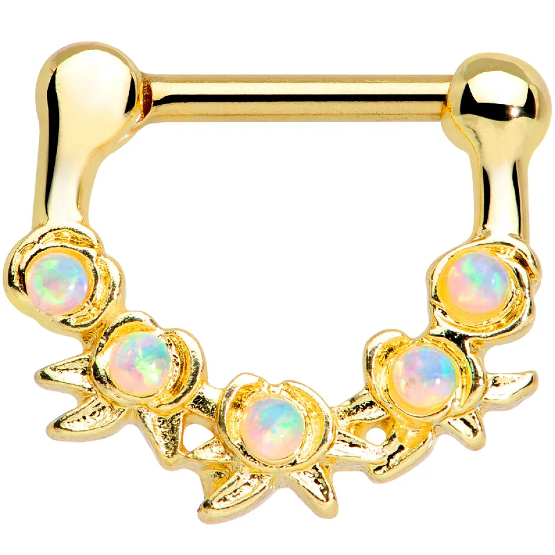 Diamond Nose Rings -16 Gauge 5/16 White Synthetic Opal Gold Tone Flowers Septum Clicker Diamond Nose Rings -16 Gauge 5/16 White Synthetic Opal Gold Tone Flowers Septum Clicker