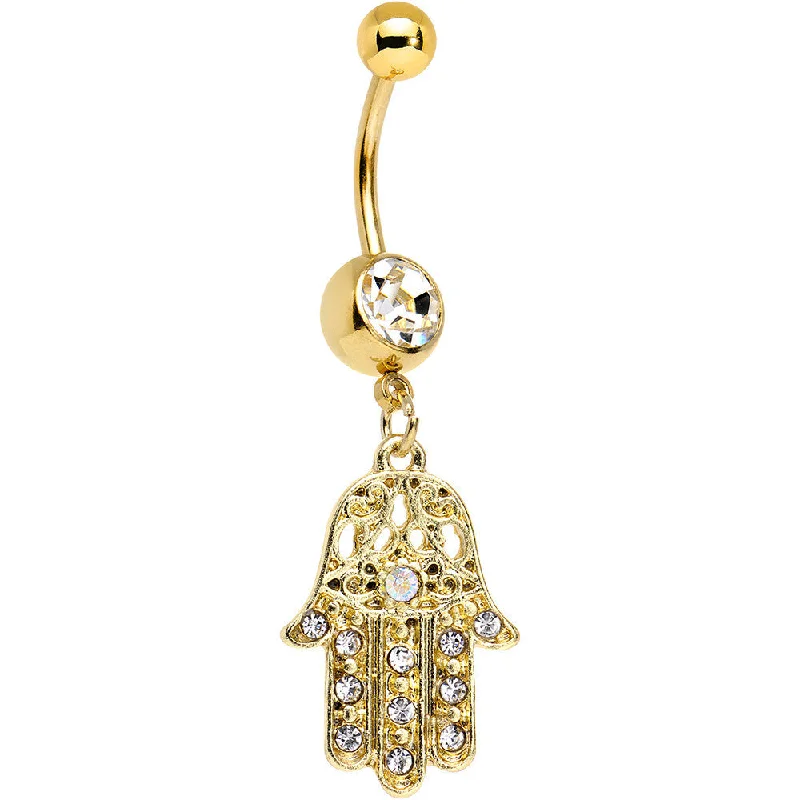 Silver Belly Rings for Elegant Appeal -Clear Gem Gold Anodized Hamsa Hand Dangle Belly Ring Silver Belly Rings for Elegant Appeal -Clear Gem Gold Anodized Hamsa Hand Dangle Belly Ring