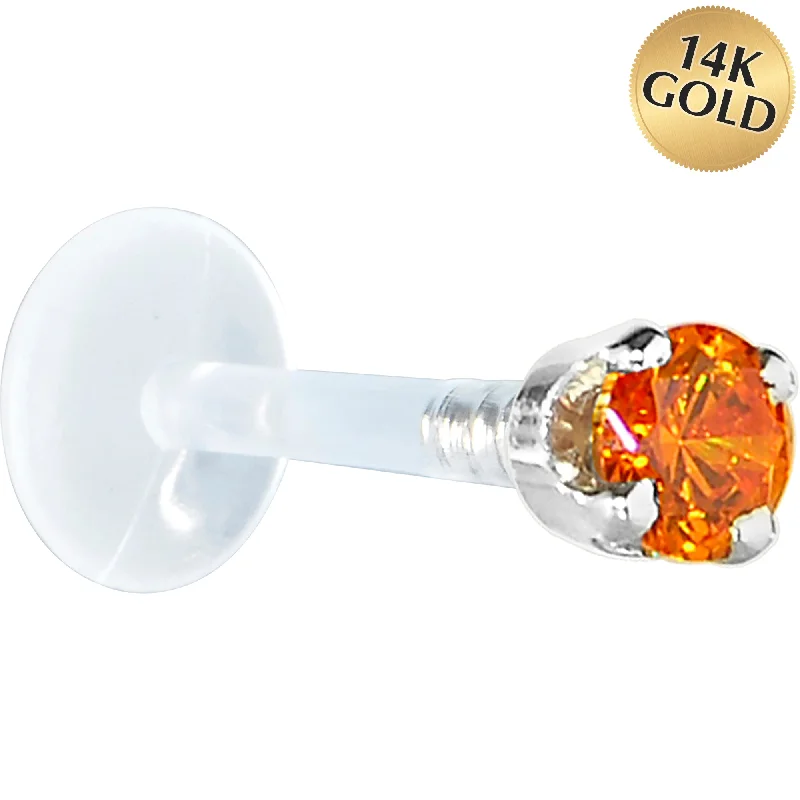 Women's Earrings – Elegant Designs for Every Personality--16 Gauge 5/16 Solid 14KT White Gold 3mm Orange Cubic Zirconia Bioplast Tragus Earring Stud