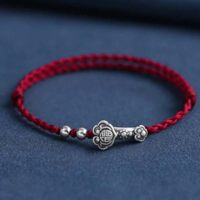 Men's Bracelets for Fashionable Looks-Buddha Stones Handmade 999 Sterling Silver Fu Character Wish Ruyi Handle Fortune Rope Bracelet Anklet Men's Bracelets for Fashionable Looks-Buddha Stones Handmade 999 Sterling Silver Fu Character Wish Ruyi Handle Fortune Rope Bracelet Anklet