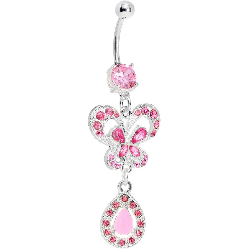 Trendy Belly Rings with Glittering Stones -Pink Gem Butterfly Teardrop Belly Ring
