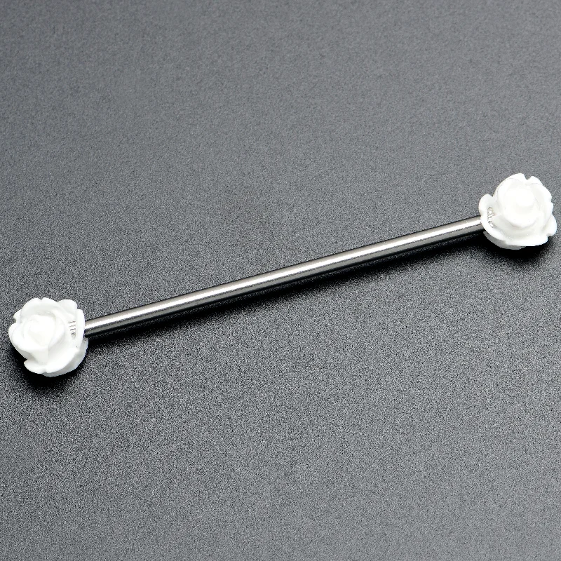 Women's Earrings – Elegant Designs for Every Personality--14 Gauge Open Bloom Rose White Industrial Barbell 38mm