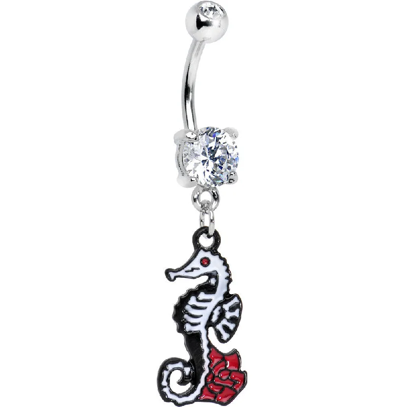 Chic Belly Rings with Gemstone Accents -Clear Gem Smiling Seahorse and Red Rose Flower Dangle Belly Ring Chic Belly Rings with Gemstone Accents -Clear Gem Smiling Seahorse and Red Rose Flower Dangle Belly Ring