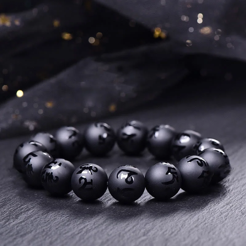 Unique Charm Bracelets for Men-Buddha Stones Natural Black Onyx Om Mani Padme Hum Carved Protection Bracelet Unique Charm Bracelets for Men-Buddha Stones Natural Black Onyx Om Mani Padme Hum Carved Protection Bracelet