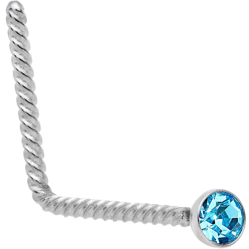 Sterling Silver Nose Rings -Brilliant Blue 2mm Gem Inlay So Twisted L Shaped Nose Ring