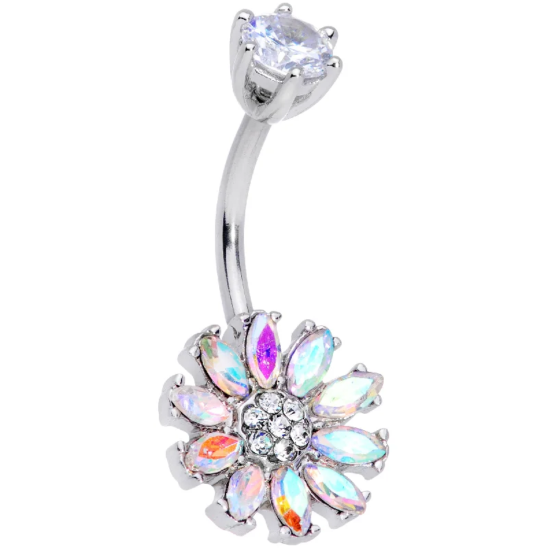 Comfortable Belly Rings for Chic Fashion -Clear Aurora CZ Gem Flower Belly Ring