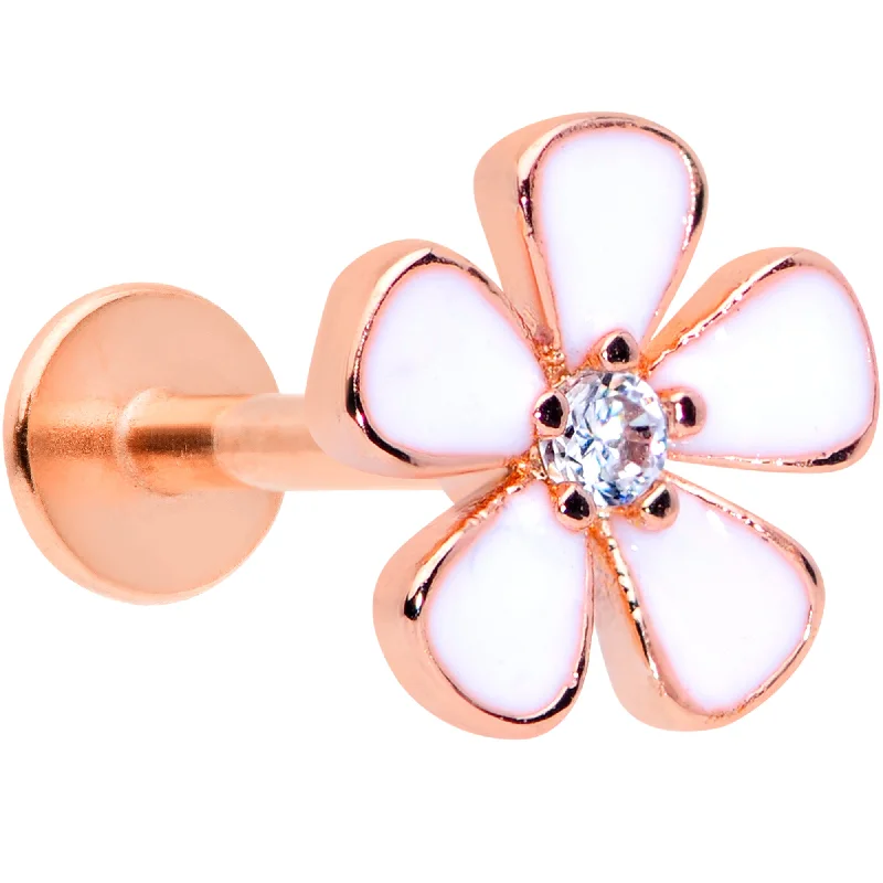 Elegant Lip Rings with Radiant Stones16 Gauge 5/16 Clear CZ Gem Rose Gold Tone White Flower Labret Tragus