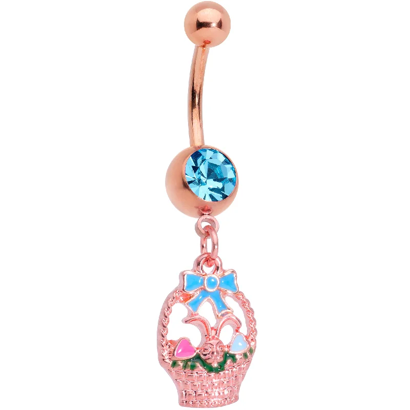 Designer Belly Rings for Exclusive Looks -Aqua Gem Rose Gold Tone Easter Basket Dangle Belly Ring Designer Belly Rings for Exclusive Looks -Aqua Gem Rose Gold Tone Easter Basket Dangle Belly Ring