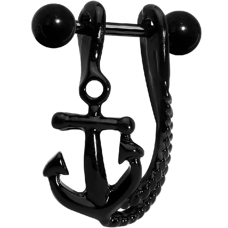 Women's Earrings – Elegant Designs for Every Personality--3/8 Black Plated Toss Your Anchor Left Dangle Cartilage Earring