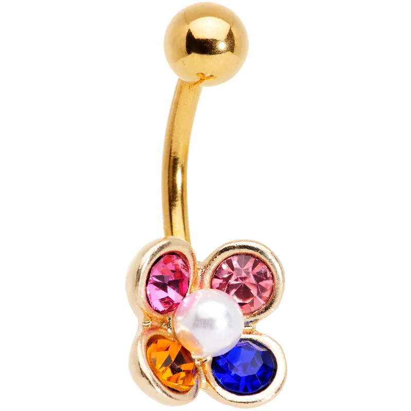 Comfortable Belly Rings for Daily Wear -Pink Blue Yellow Gem Gold Tone Flower Belly Ring Comfortable Belly Rings for Daily Wear -Pink Blue Yellow Gem Gold Tone Flower Belly Ring