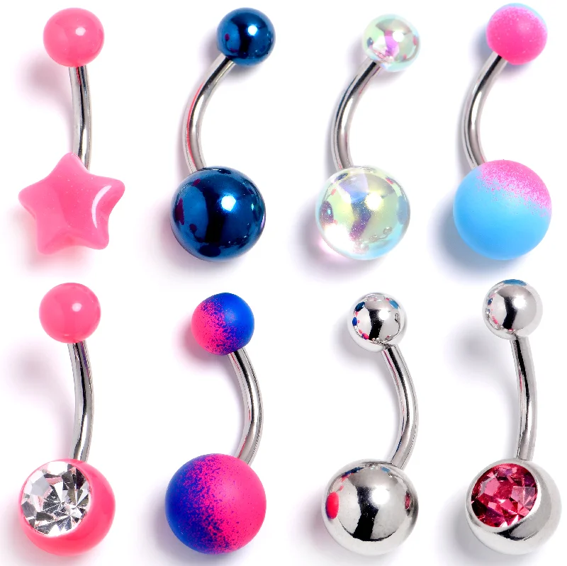 Designer Belly Rings for Trendy Women -Pink Clear Gem Purple Blue Belly Ring Set of 8 Designer Belly Rings for Trendy Women -Pink Clear Gem Purple Blue Belly Ring Set of 8