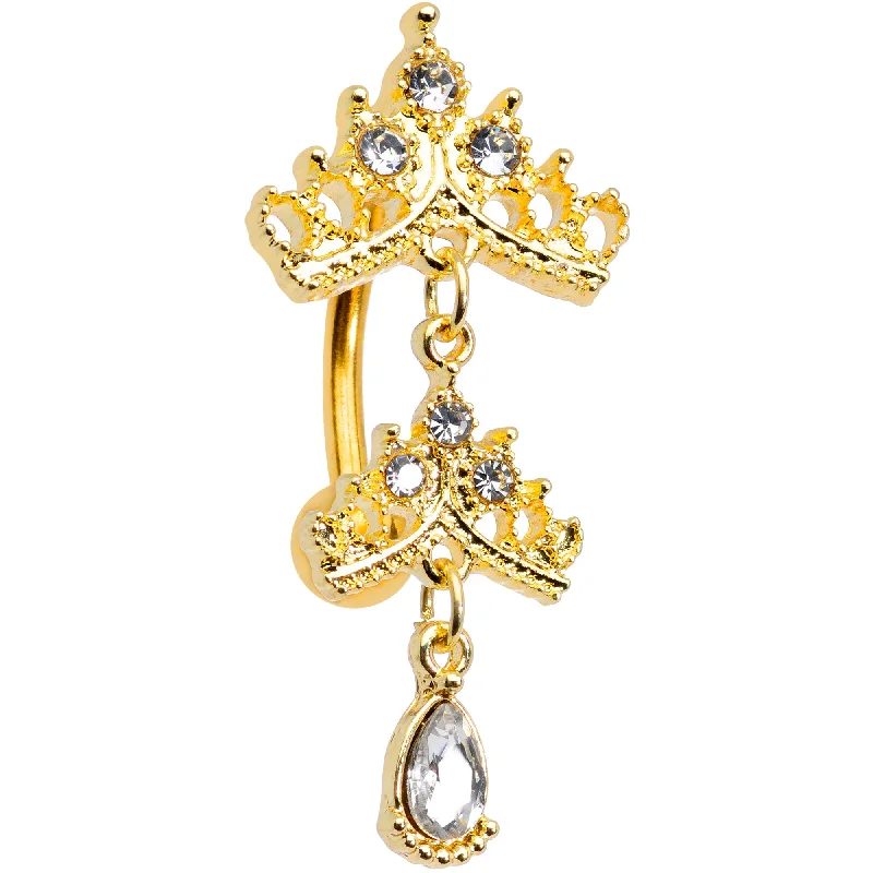 Stylish Belly Rings for Bold Fashion Choices -Clear Gem Gold Tone Tempting Tiara Top Mount Dangle Belly Ring Stylish Belly Rings for Bold Fashion Choices -Clear Gem Gold Tone Tempting Tiara Top Mount Dangle Belly Ring