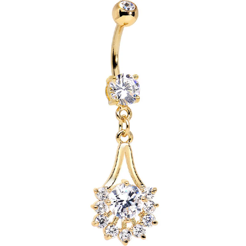 Stylish Belly Rings for Modern Women -14kt Gold Plated Clear Gem Tribal Fan Drop Dangle Belly Ring Stylish Belly Rings for Modern Women -14kt Gold Plated Clear Gem Tribal Fan Drop Dangle Belly Ring