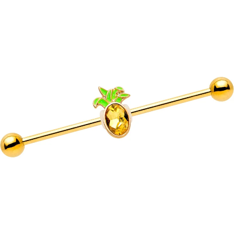 Women's Earrings – Elegant Designs for Every Personality--14 Gauge Orange Gem Gold PVD Juicy Pineapple Industrial Barbell 38mm
