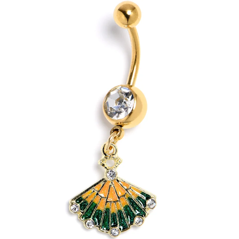 Belly Rings with Unique Shape for Stylish Piercings -Clear CZ Gem Gold Tone Glamour Fan Dangle Belly Ring Belly Rings with Unique Shape for Stylish Piercings -Clear CZ Gem Gold Tone Glamour Fan Dangle Belly Ring