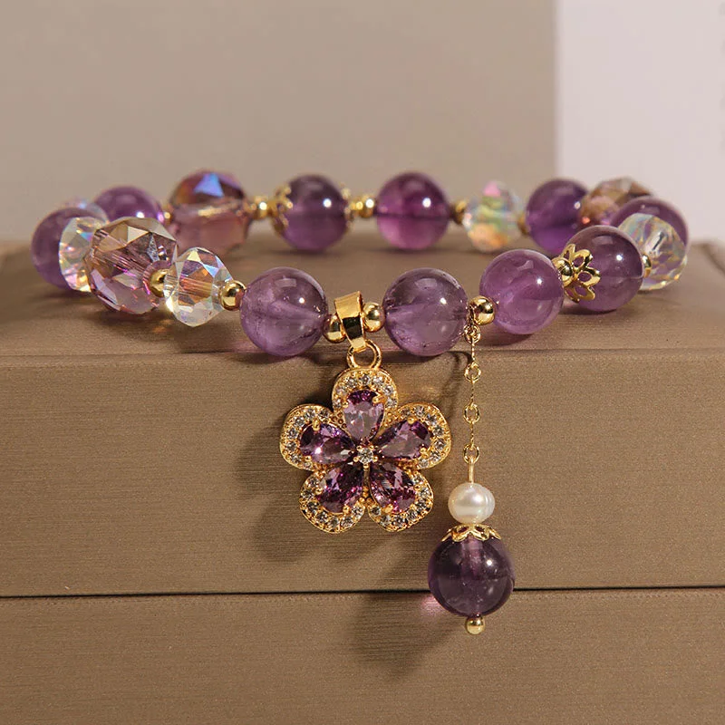 Women's Bangles with Elegant Stone Settings-Natural Amethyst Pearl Flower Charm Positive Transformation Bracelet