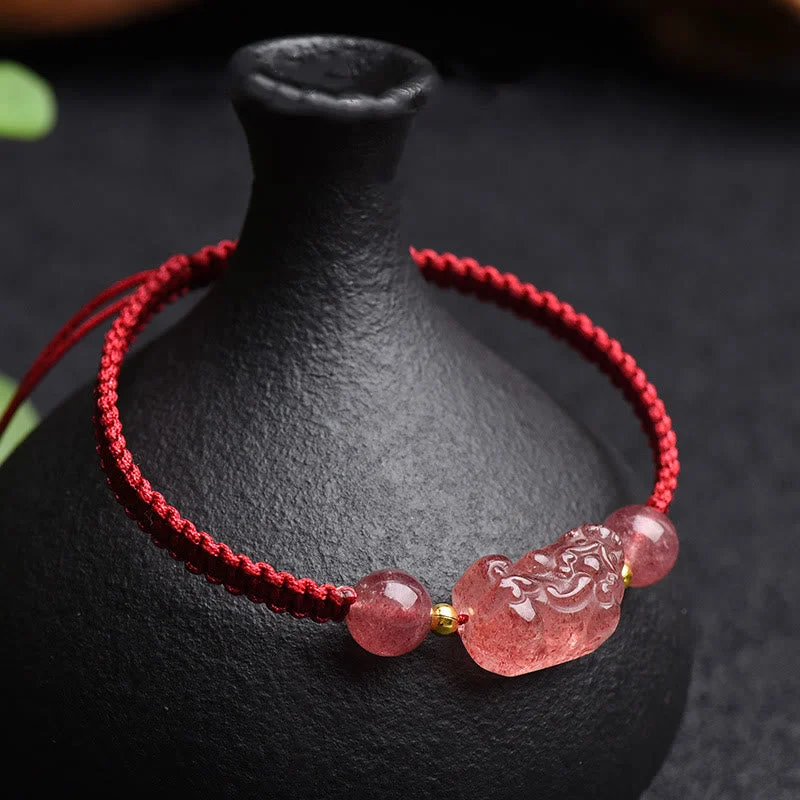 Bold Wedding Bangles for Women-Buddha Stones Natural Strawberry Quartz PiXiu Lucky Red String Bracelet