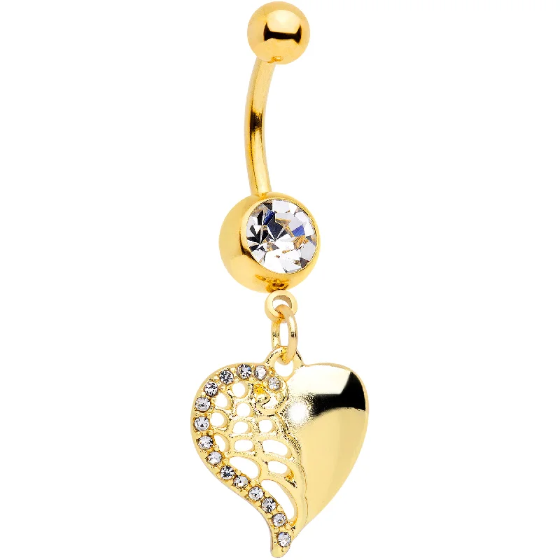 Belly Rings with Elegant Detailing for Fashionistas -Clear Gem Gold Tone Half Open Heart Dangle Belly Ring Belly Rings with Elegant Detailing for Fashionistas -Clear Gem Gold Tone Half Open Heart Dangle Belly Ring