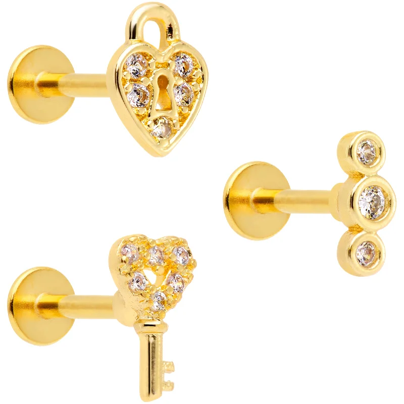 Lip Rings for a Polished Look16 Gauge 5/16 Clear Gem Gold Tone Lock Key Labret Tragus Set of 3