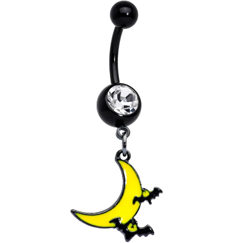 Comfortable Belly Rings with Beautiful Detailing -Clear Gem Black Batty Moon Halloween Dangle Belly Ring Comfortable Belly Rings with Beautiful Detailing -Clear Gem Black Batty Moon Halloween Dangle Belly Ring