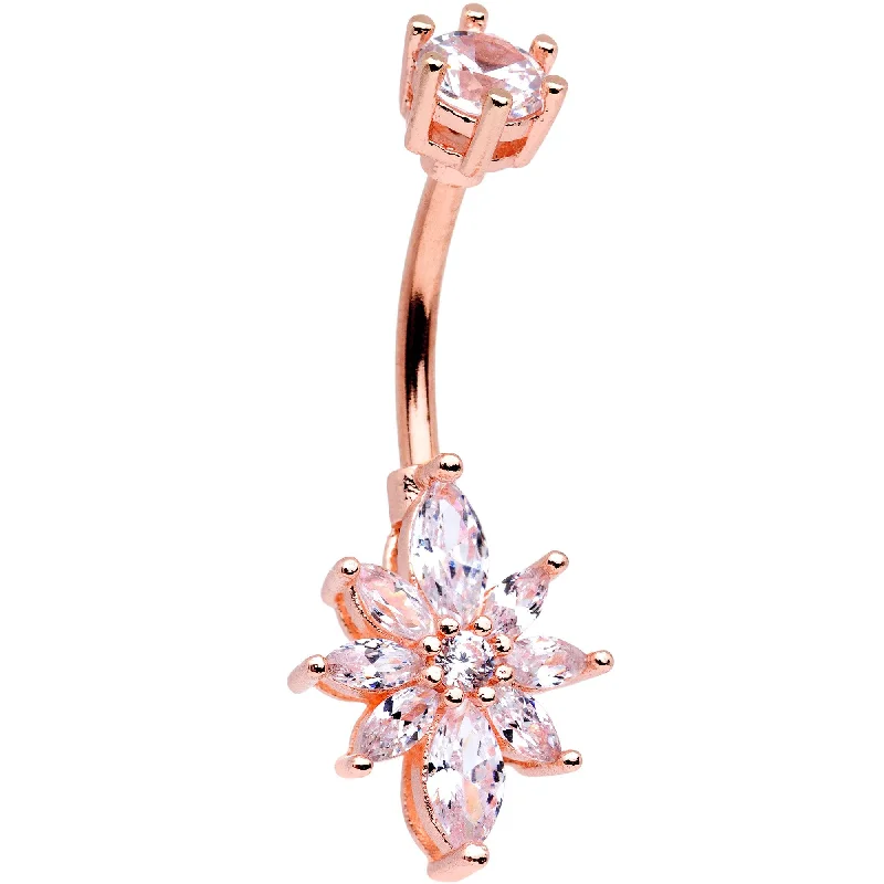 Designer Belly Rings with Exclusive Appeal -Clear Gem Rose Gold Tone Plated Flower Double Mount Belly Ring Designer Belly Rings with Exclusive Appeal -Clear Gem Rose Gold Tone Plated Flower Double Mount Belly Ring