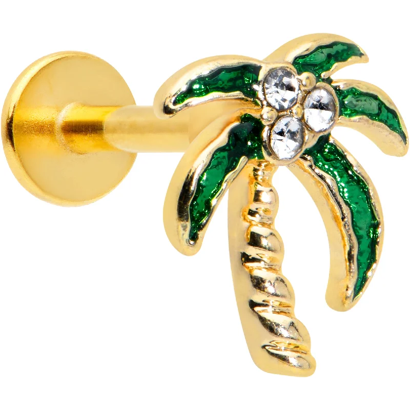 Trendy Lip Rings with Popular Designs16 Gauge 1/4 Clear Gem Gold Tone Palm Tree Style Labret