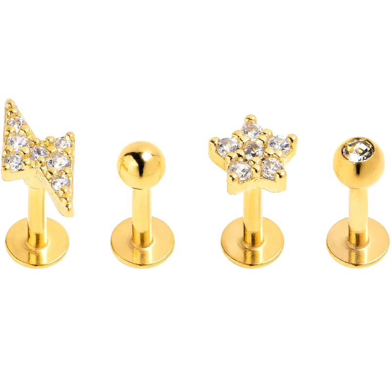 Unique Lip Rings with Contemporary Designs16 Gauge 1/4 Clear CZ Gem Gold Tone Bling Star Labret Tragus Curation Set of 4 Unique Lip Rings with Contemporary Designs16 Gauge 1/4 Clear CZ Gem Gold Tone Bling Star Labret Tragus Curation Set of 4
