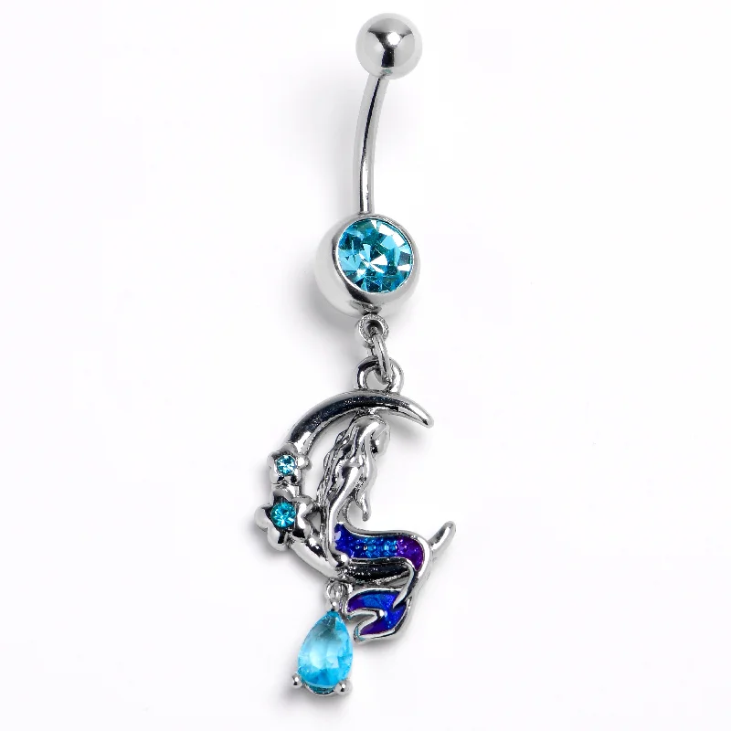 Beautiful Belly Rings with Shiny Stones -Blue Gem Floral Mermaid Moon Dangle Belly Ring Beautiful Belly Rings with Shiny Stones -Blue Gem Floral Mermaid Moon Dangle Belly Ring
