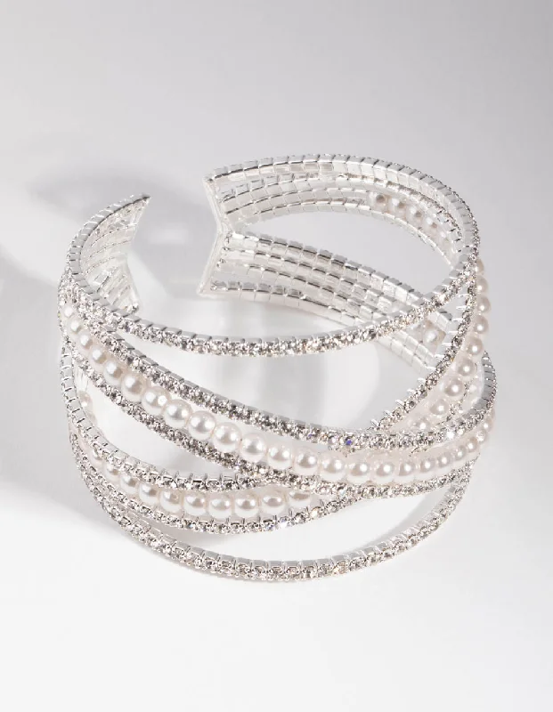 Affordable Bangles for Women-Silver Zigzag Pearl Bracelet
