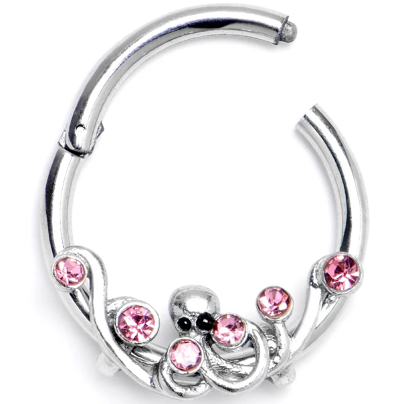 Trendy Nose Rings with Personalized Details -16 Gauge 3/8 Pink Gem Scrolling Elegance Hinged Segment Ring Trendy Nose Rings with Personalized Details -16 Gauge 3/8 Pink Gem Scrolling Elegance Hinged Segment Ring