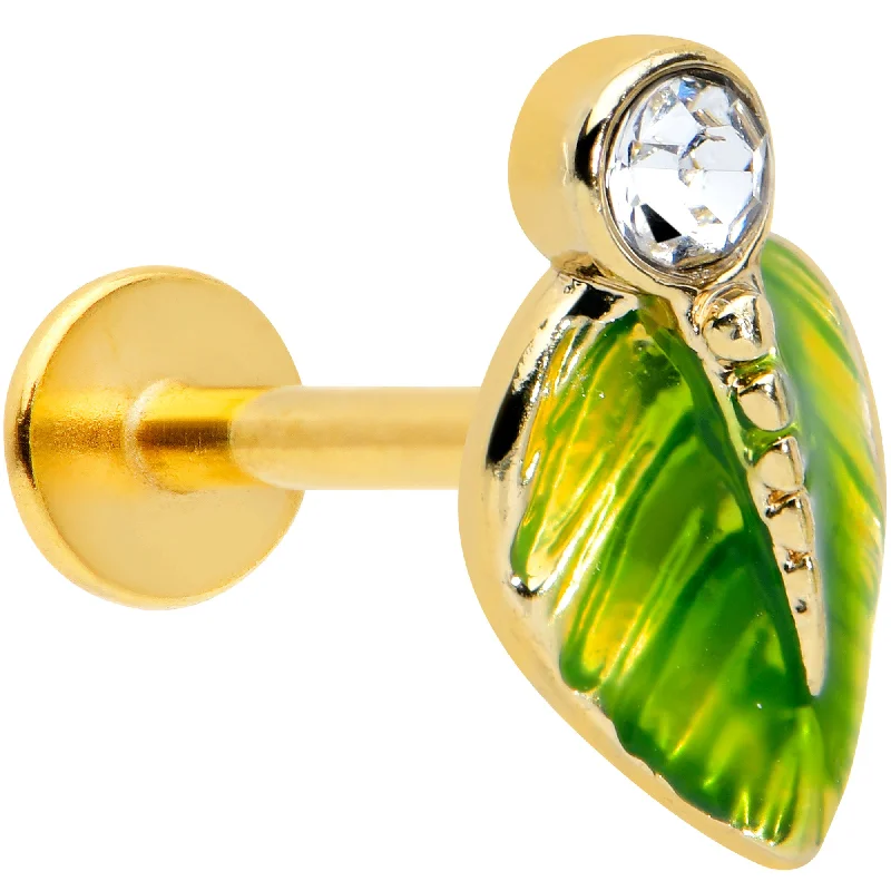 Elegant Gold Lip Rings for Chic Look16 Gauge 5/16 Clear Gem Gold Tone Lush Green Leaf Labret Monroe Tragus