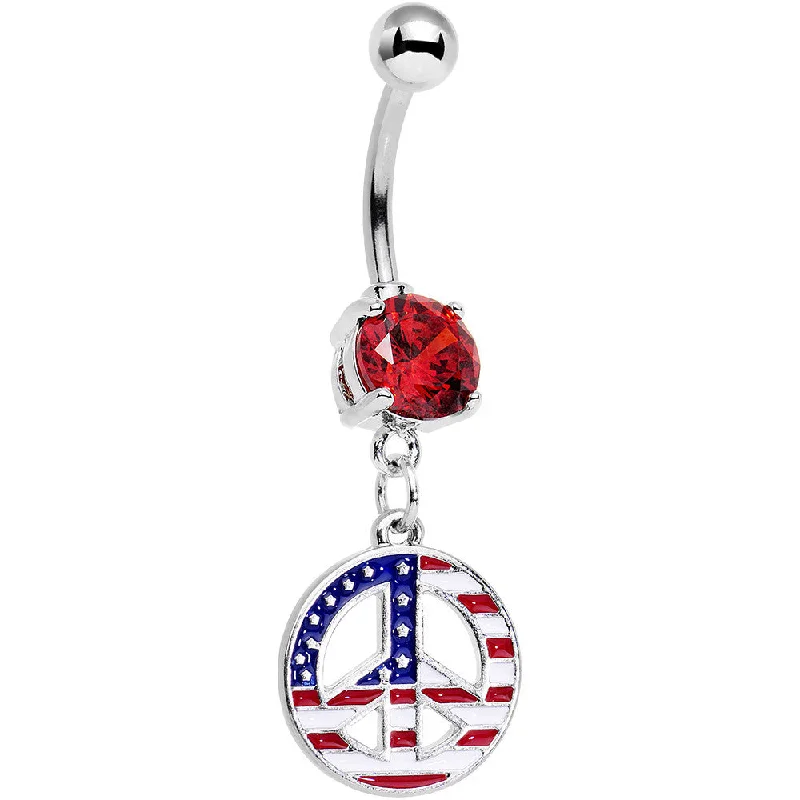 Comfortable Belly Rings for Sleek Looks -Red Gem American Flag Print Peace Sign Dangle Belly Ring Comfortable Belly Rings for Sleek Looks -Red Gem American Flag Print Peace Sign Dangle Belly Ring