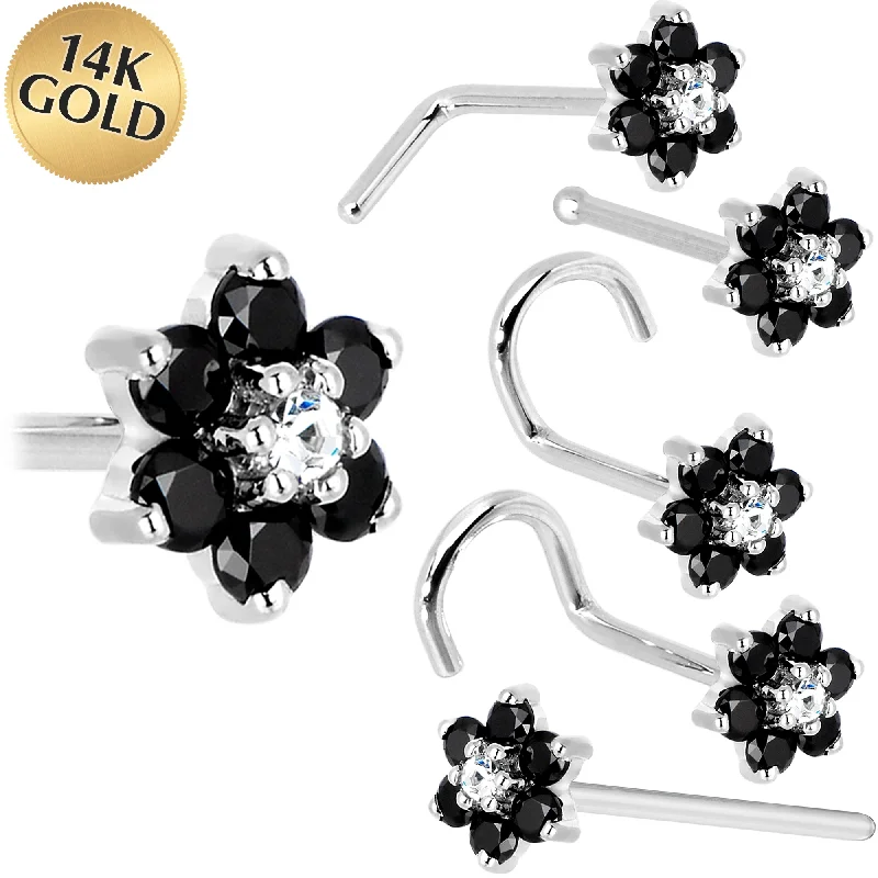 Fashion-Forward Nose Rings -Solid 14KT White Gold Black and Clear Cubic Zirconia Flower Nose Ring Fashion-Forward Nose Rings -Solid 14KT White Gold Black and Clear Cubic Zirconia Flower Nose Ring