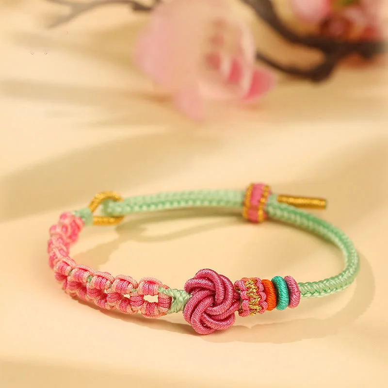 Adjustable Metal Bracelets for Men-Buddha Stones Handmade Pink Green Peach Blossom Knot Braided Bracelet Adjustable Metal Bracelets for Men-Buddha Stones Handmade Pink Green Peach Blossom Knot Braided Bracelet
