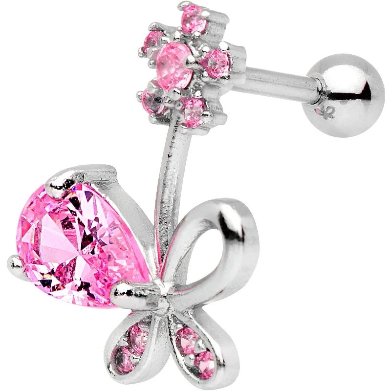 Women's Earrings – Elegant Designs for Every Personality--Pink CZ Gem Glamour Bow Left Cartilage Tragus Earring