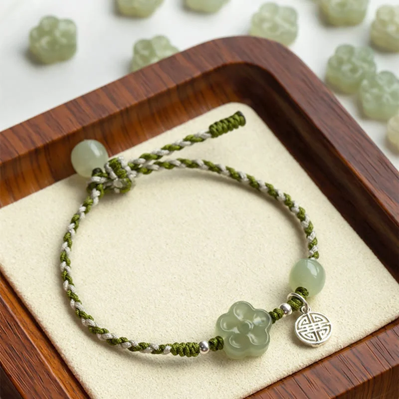 Gemstone Bangles for Women with Colorful Stones-Buddha Stones Handmade Plum Blossom Flower Jade Luck Prosperity Braided Bracelet