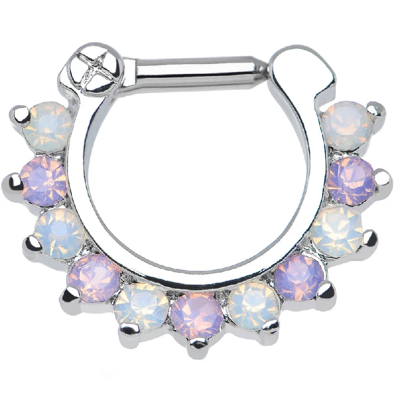 Nose Rings with Antique Touch -14 Gauge 1/4 Alluring Faux Opal and Light Purple Gem Septum Clicker Nose Rings with Antique Touch -14 Gauge 1/4 Alluring Faux Opal and Light Purple Gem Septum Clicker