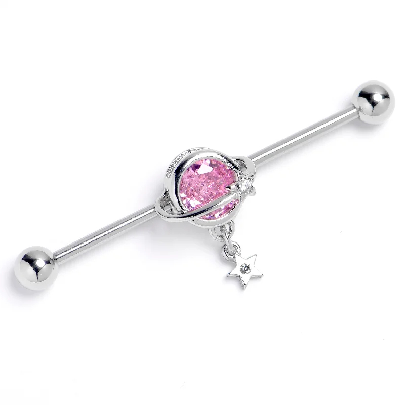 Women's Earrings – Elegant Designs for Every Personality--14 Gauge Pink Clear Gem Starry Saturn Dangle Industrial Barbell 38mm