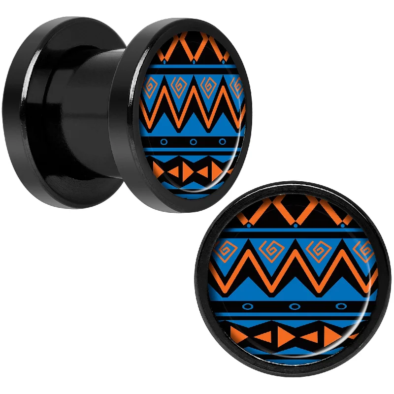 Women's Earrings – Elegant Designs for Every Personality--Blue Orange Tribal Print Black Anodized Screw Fit Plug Set 0 Gauge