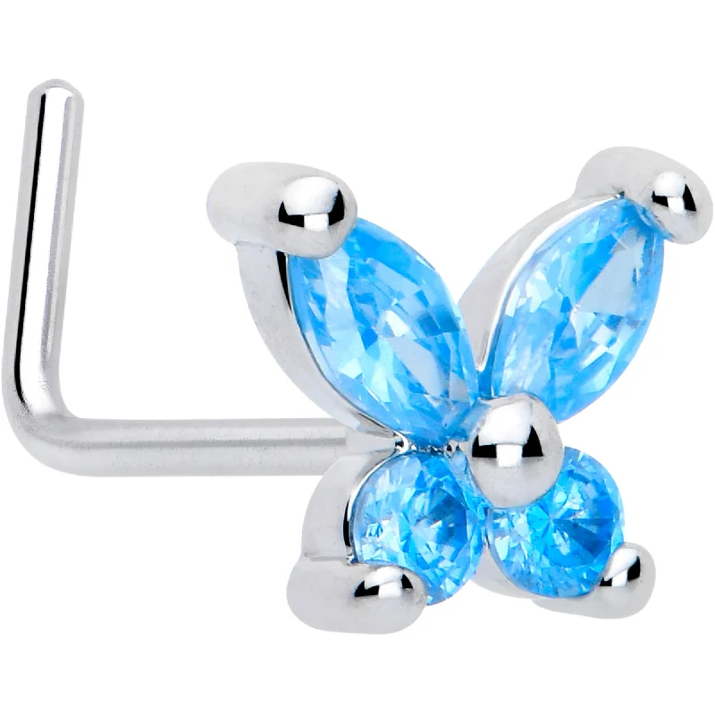 Hoop Nose Rings -20 Gauge 7mm Blue CZ Gem Open Wing Butterfly L Shape Nose Ring