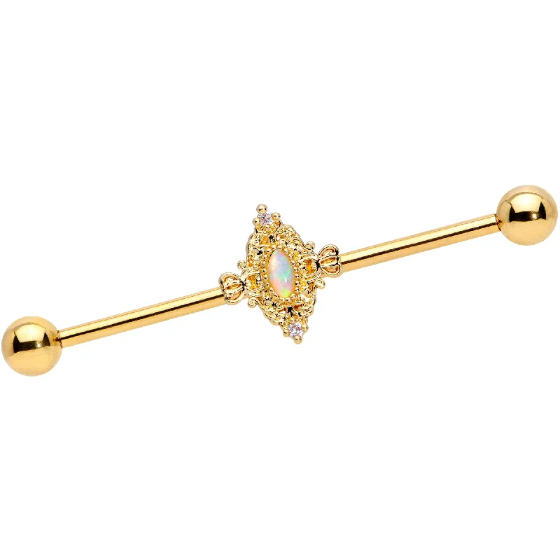 Women's Earrings – Elegant Designs for Every Personality--14 Gauge White Synthetic Opal Gold Tone Oval Industrial Barbell 38mm Women's Earrings – Elegant Designs for Every Personality--14 Gauge White Synthetic Opal Gold Tone Oval Industrial Barbell 38mm